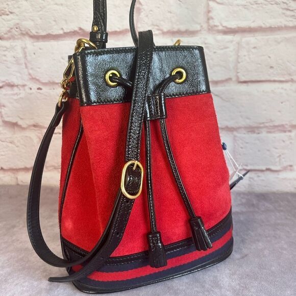 Gucci Suede Ophidia Bucket Drawstring Crossbody Top Handle Bag Red - Picture 1 of 12